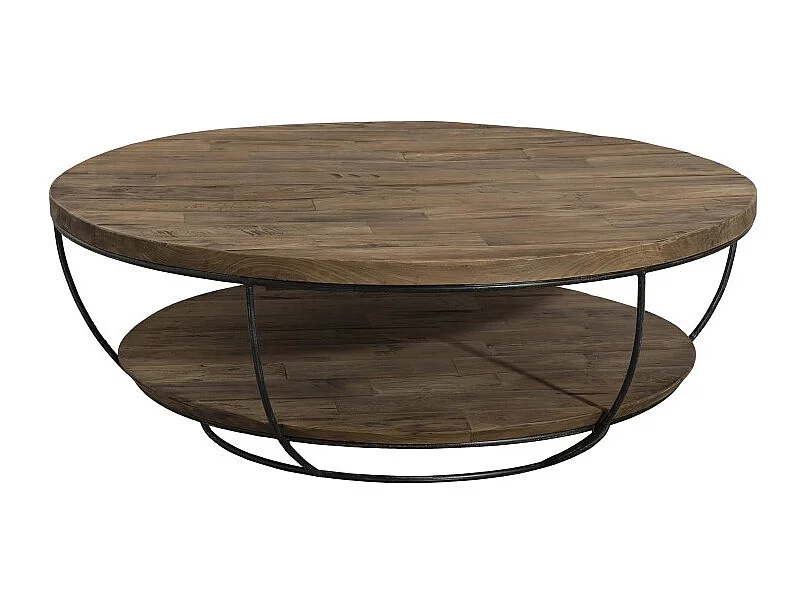 SIXTINE - Table basse double plateau 100x100cm bois teck recyclé métal noir