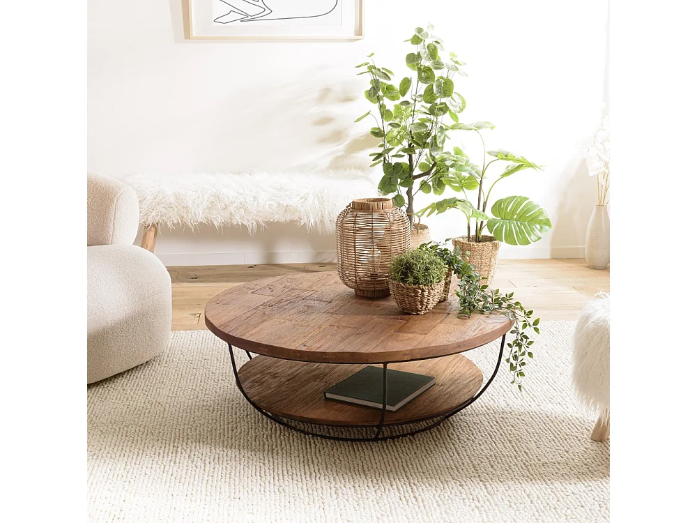 SIXTINE - Table basse double plateau 100x100cm bois teck recyclé métal noir