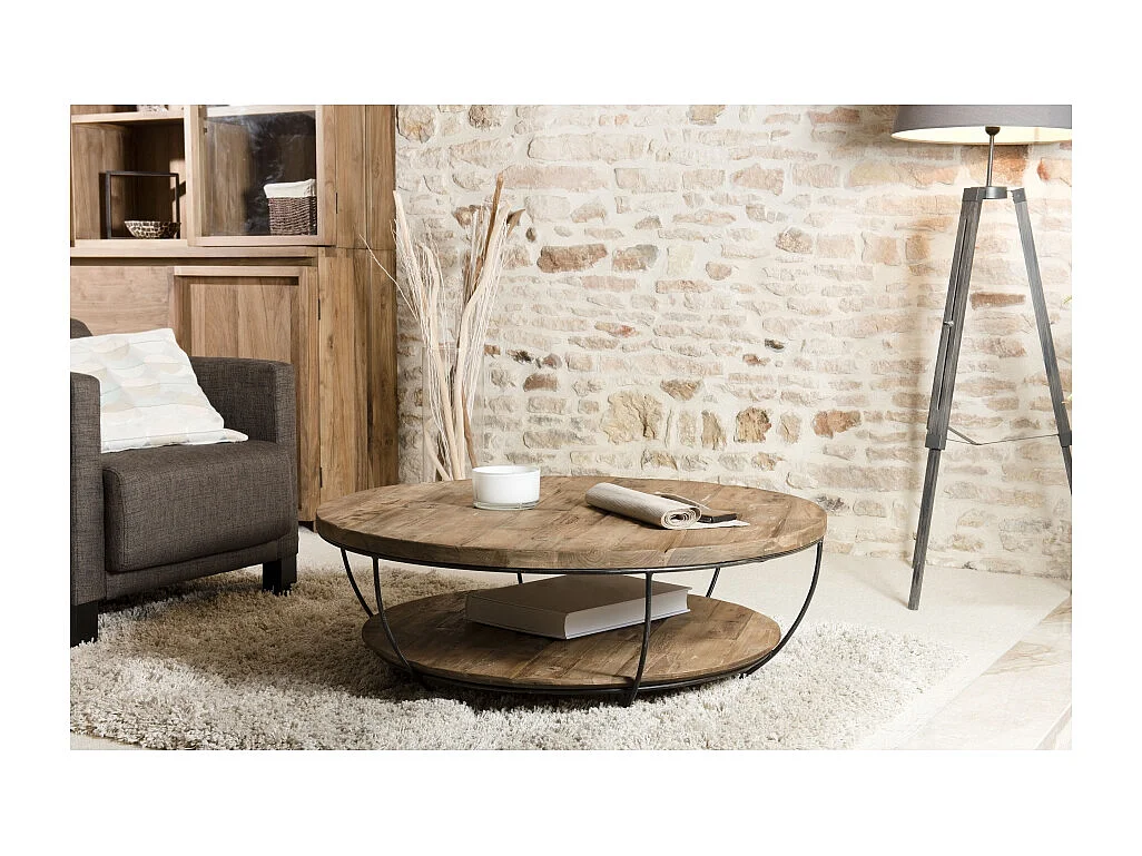 SIXTINE - Table basse double plateau 100x100cm bois teck recyclé métal noir