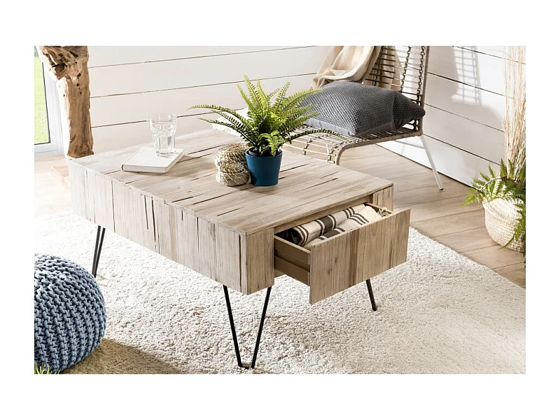 CLARA - Table basse rectangulaire 2 tiroirs branches bois Teck