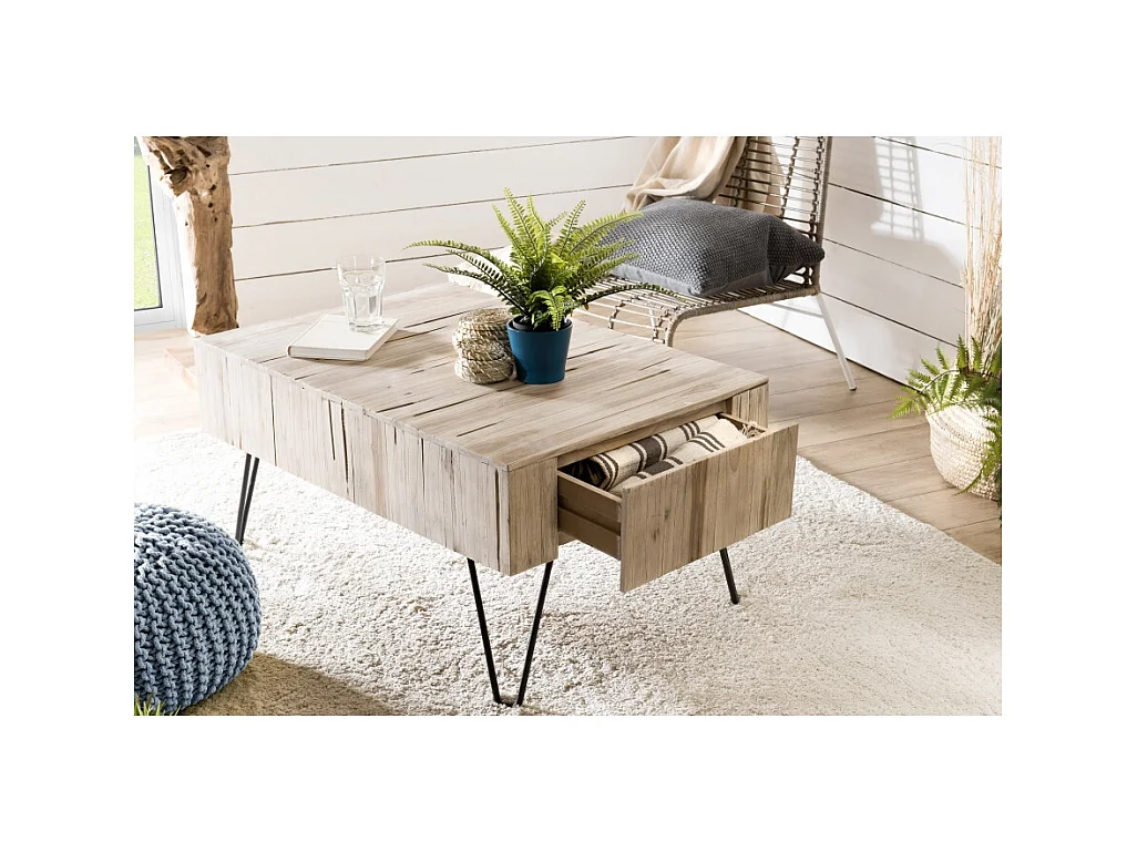 CLARA - Table basse rectangulaire 2 tiroirs branches bois Teck naturel - pieds épingles scandi métal