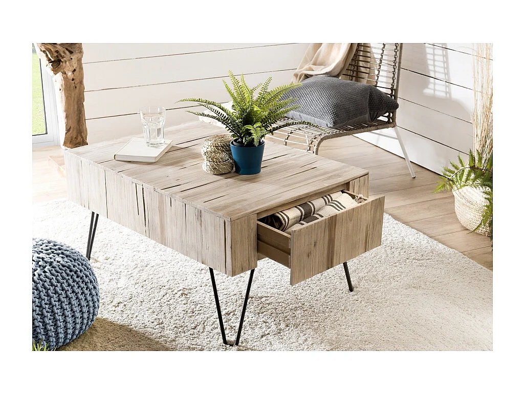 CLARA - Table basse rectangulaire 2 tiroirs branches bois Teck