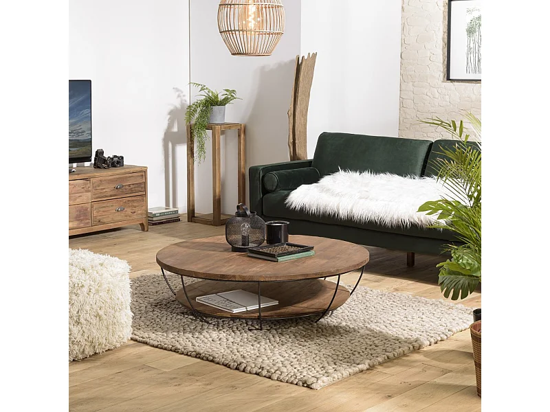 SIXTINE - Table basse plateau 120x120cm bois Teck recyclé métal noir