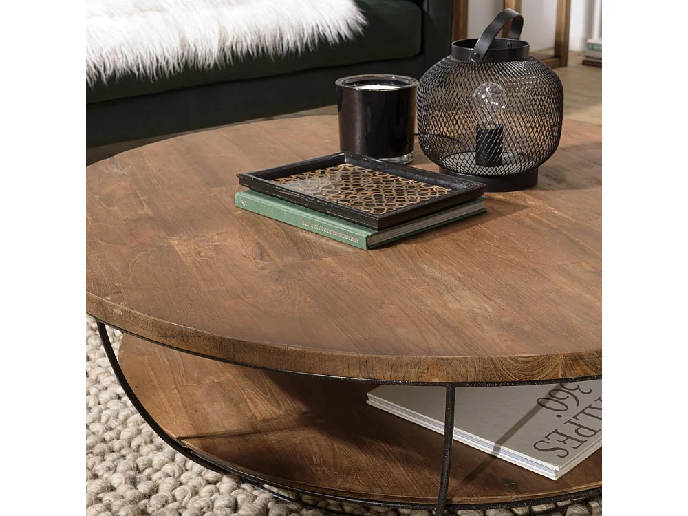 SIXTINE - Table basse plateau 120x120cm bois Teck recyclé métal noir