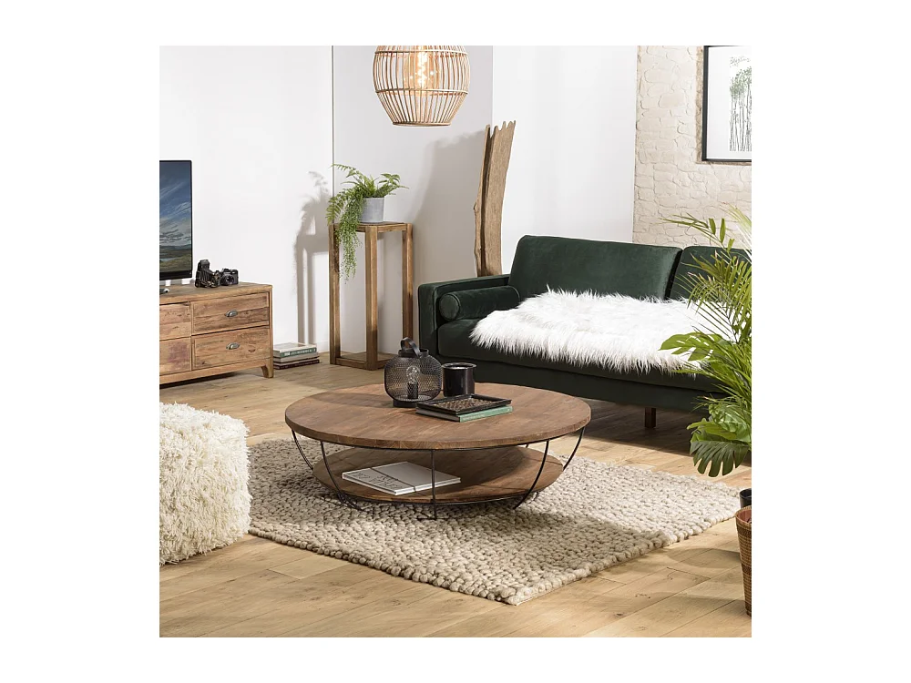 SIXTINE - Table basse plateau 120x120cm bois Teck recyclé métal noir