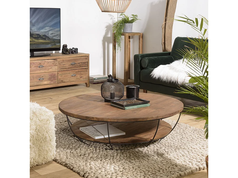 SIXTINE - Table basse plateau 120x120cm bois Teck recyclé métal noir