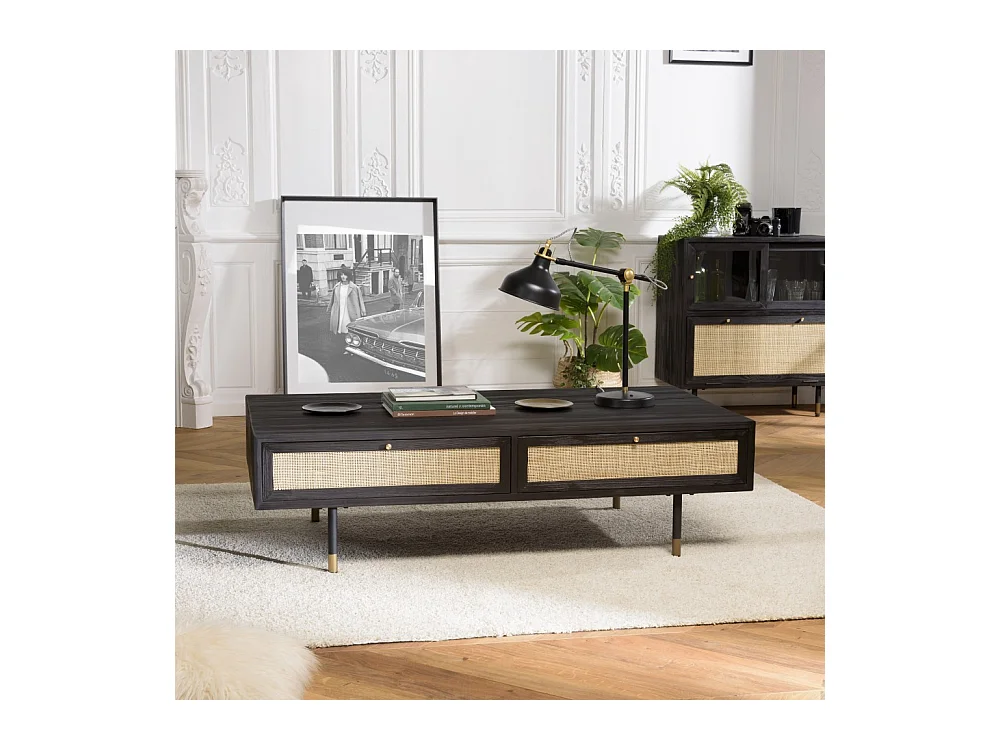 YANIS - Table basse noire bois Pin 4 tiroirs cannage