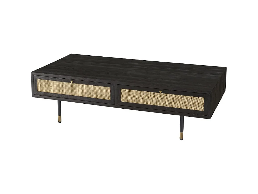 YANIS - Table basse noire bois Pin 4 tiroirs cannage