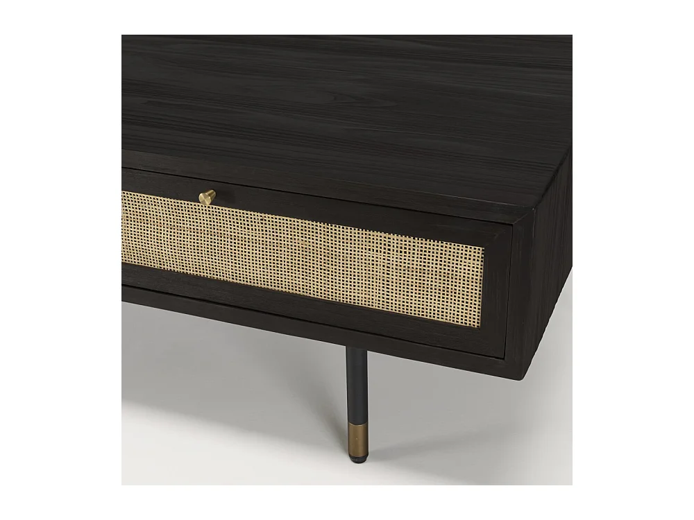 YANIS - Table basse noire bois Pin 4 tiroirs cannage