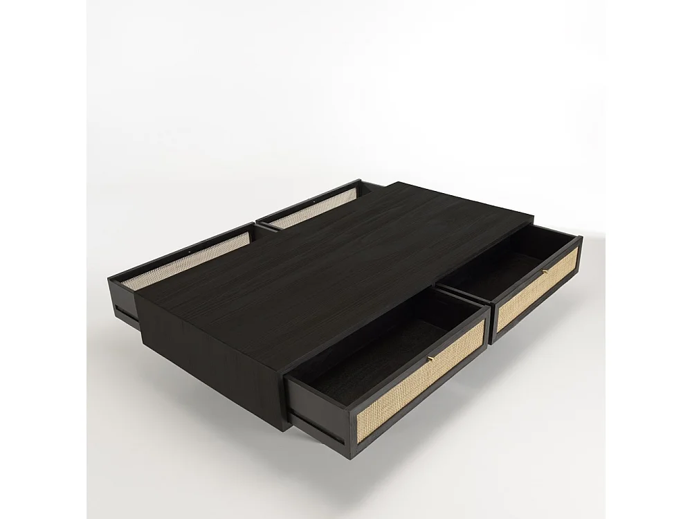 YANIS - Table basse noire bois Pin 4 tiroirs cannage