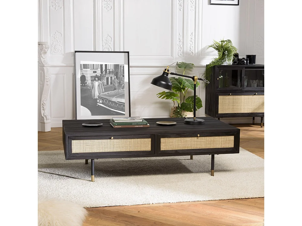 YANIS - Table basse noire bois Pin 4 tiroirs cannage
