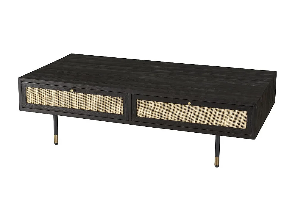 YANIS - Table basse noire bois Pin 4 tiroirs cannage
