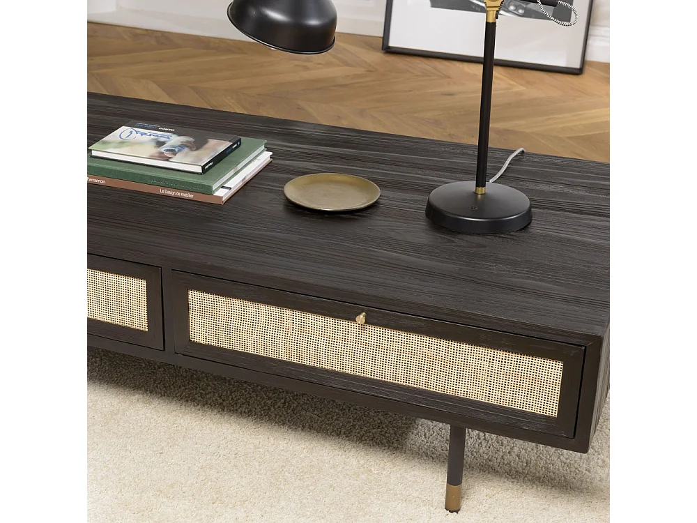 YANIS - Table basse noire bois Pin 4 tiroirs cannage