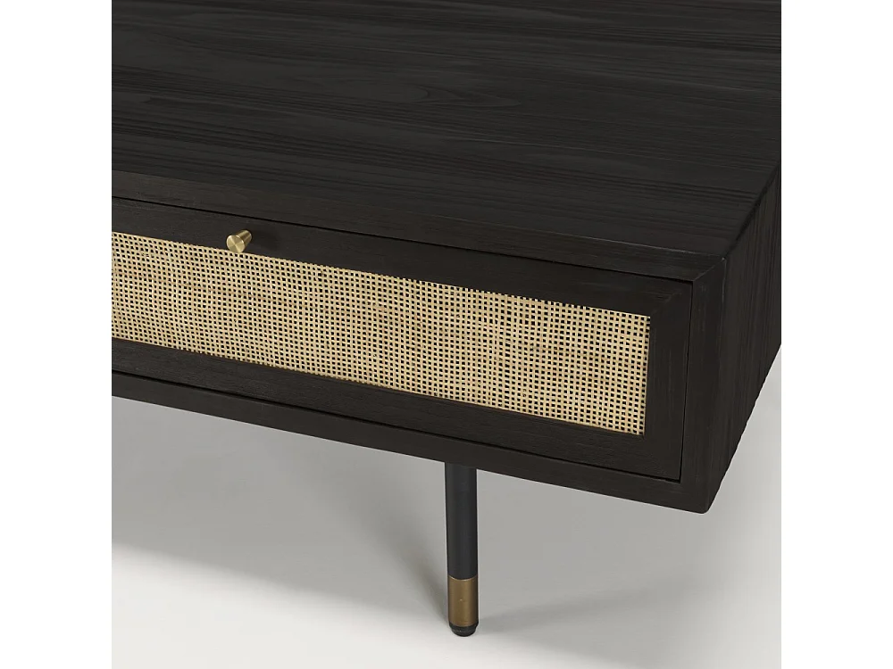 YANIS - Table basse noire bois Pin 4 tiroirs cannage