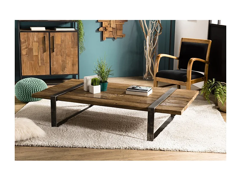 MATHIS - Table basse multi-planches marron bois cerclée métal gris