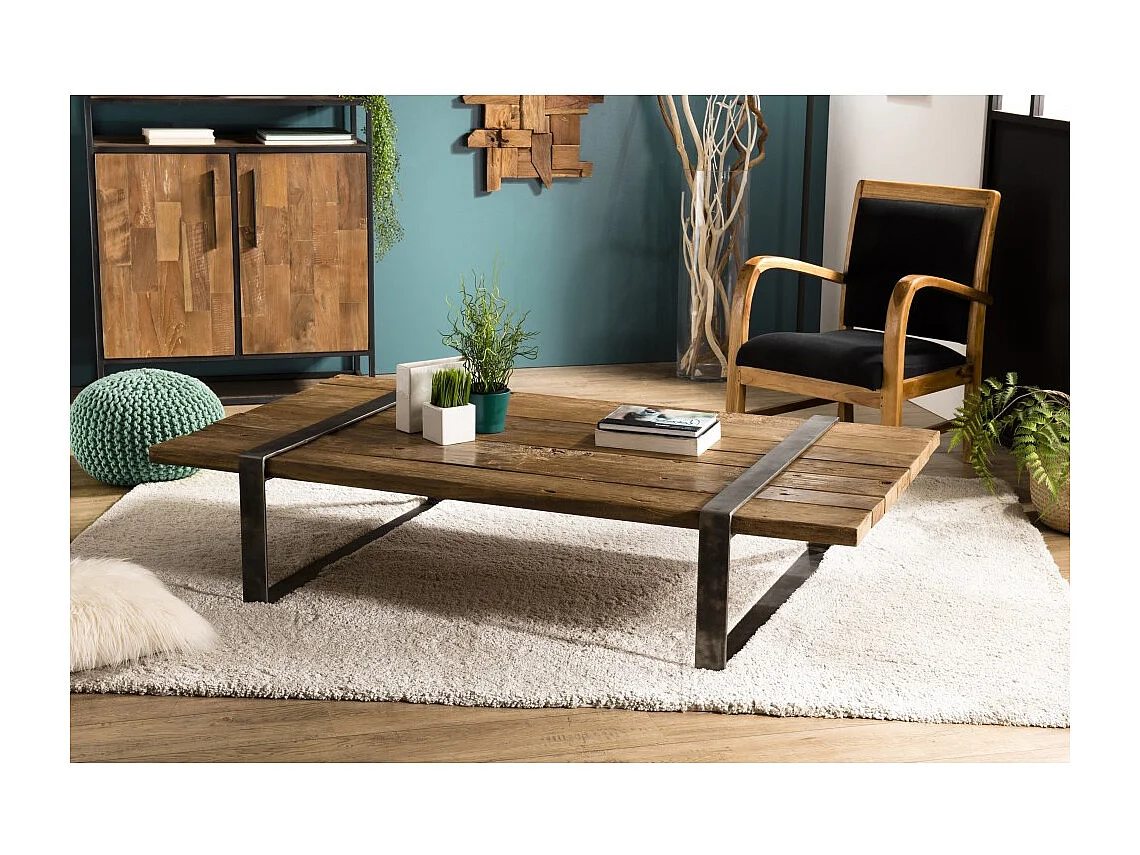 MATHIS - Table basse multi-planches marron bois cerclée métal gris