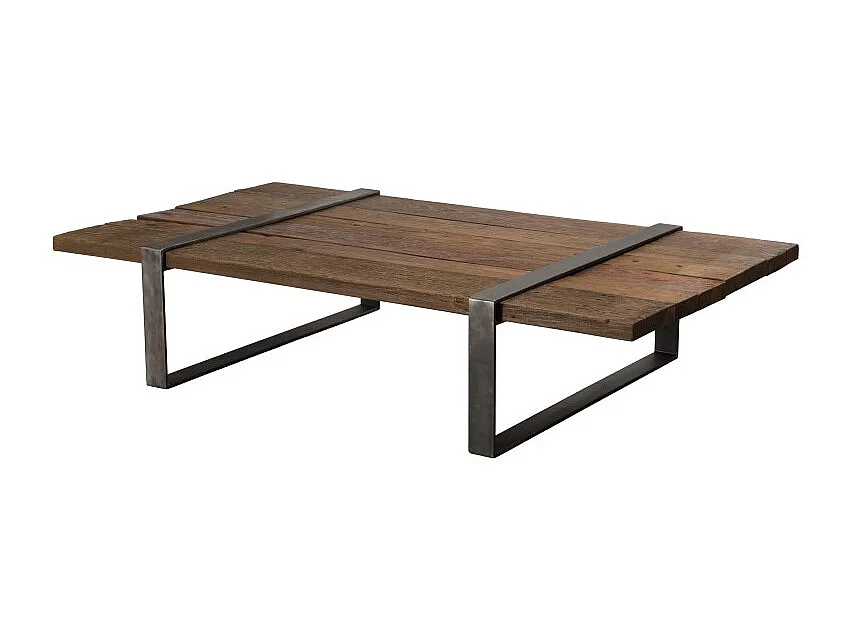 MATHIS - Table basse multi-planches marron bois cerclée métal gris