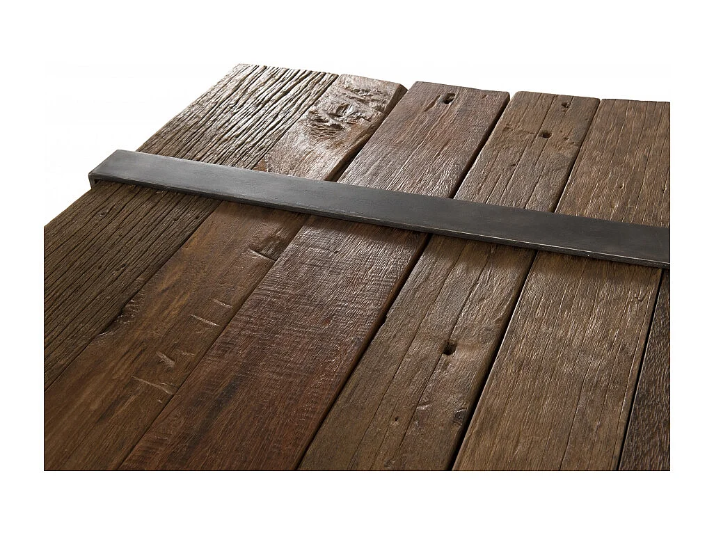 MATHIS - Table basse multi-planches marron bois cerclée métal gris