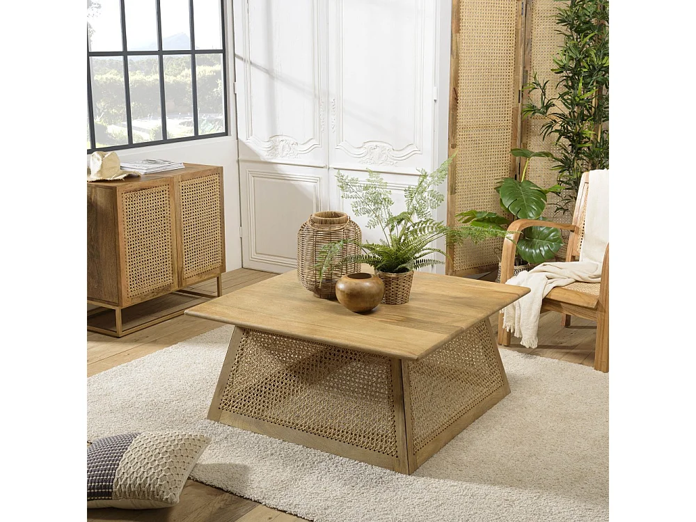 ISA - Table basse marron carrée bois de manguier et cannage couleur naturelle