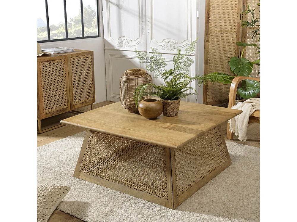 ISA - Table basse marron carrée bois de manguier et cannage couleur naturelle