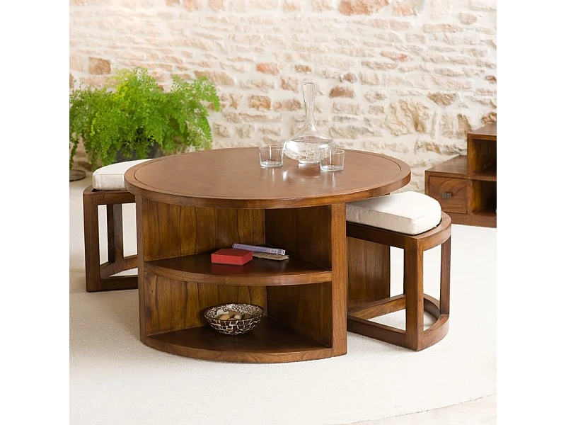 LAUREN - Table basse et 2 tabourets coussins écrus bois Mindi marron