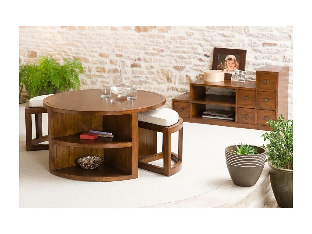 LAUREN - Table basse et 2 tabourets coussins écrus bois Mindi marron