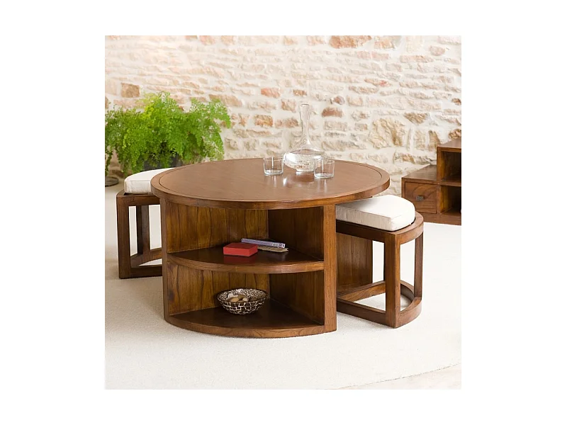 LAUREN - Table basse ronde marron 2 tabourets avec coussins écrus bois Mindi