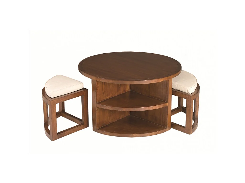 LAUREN - Table basse et 2 tabourets coussins écrus bois Mindi marron