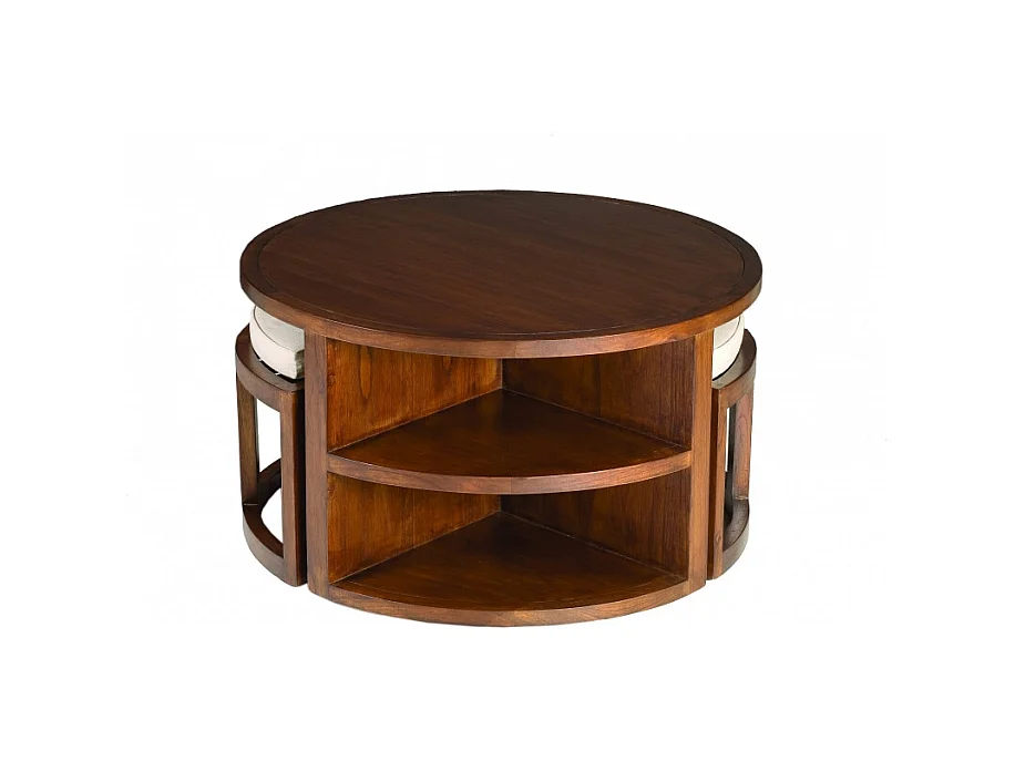 LAUREN - Table basse et 2 tabourets coussins écrus bois Mindi marron