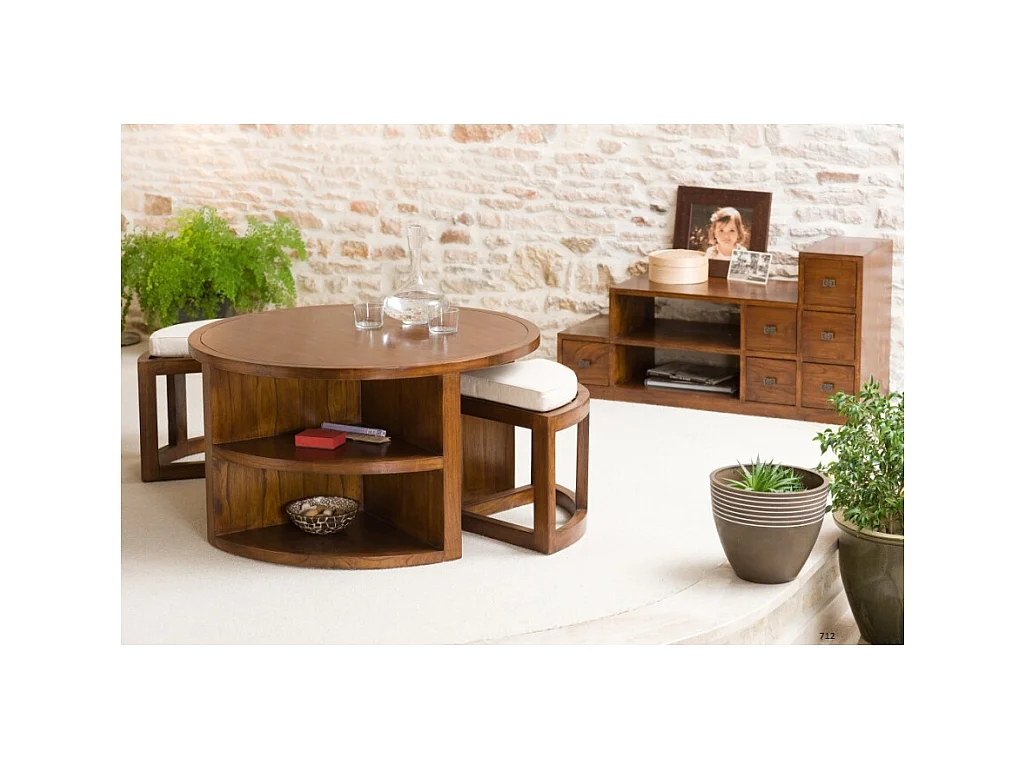 LAUREN - Table basse et 2 tabourets coussins écrus bois Mindi marron