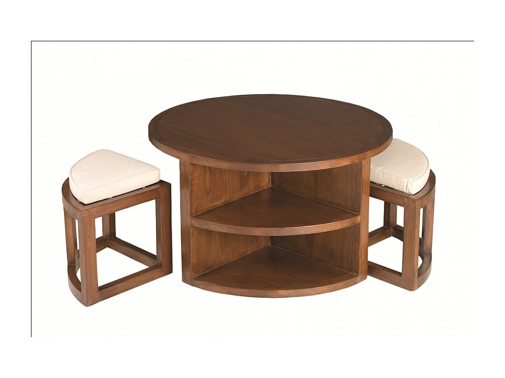 LAUREN - Table basse et 2 tabourets coussins écrus bois Mindi marron