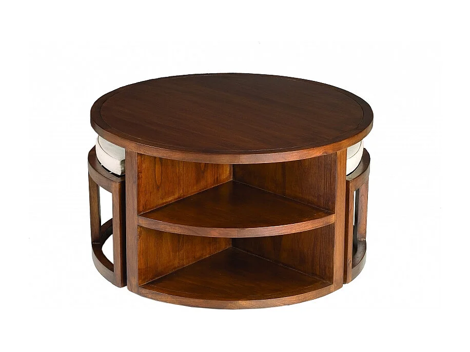 LAUREN - Table basse et 2 tabourets coussins écrus bois Mindi marron