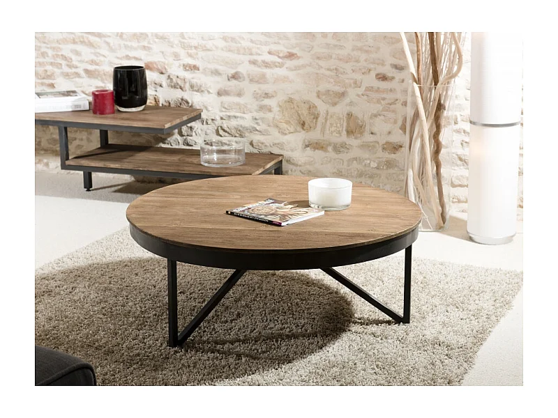 SIXTINE - Table basse ronde diam90 plateau bois teck recyclé pied noir