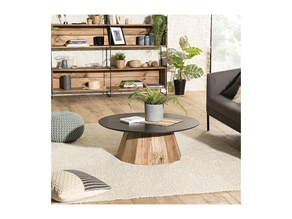 DANDY - Table basse ronde 90x90cm bois Pin recyclé plateau noir piétement naturel