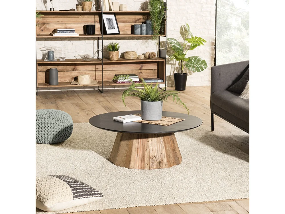 DANDY - Table basse ronde 90x90cm bois Pin recyclé plateau noir