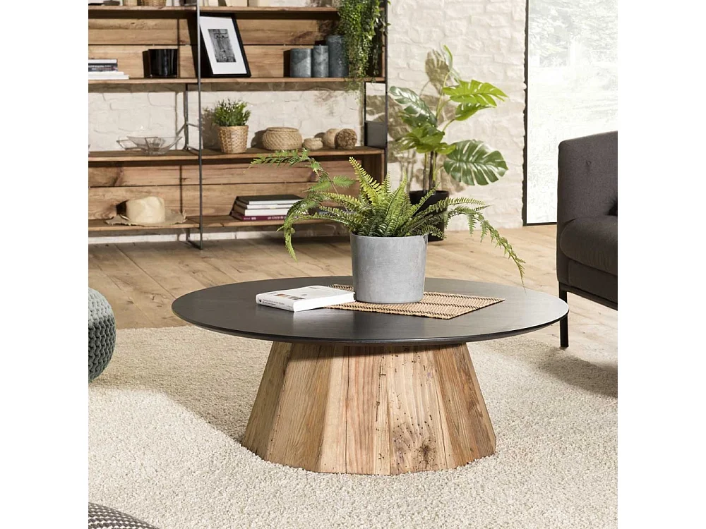 DANDY - Table basse ronde 90x90cm bois Pin recyclé plateau noir