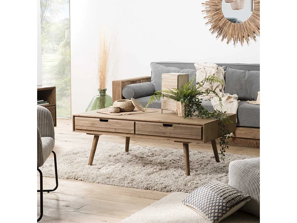 ANDY - Table basse marron scandi rectangulaire 4 tiroirs bois