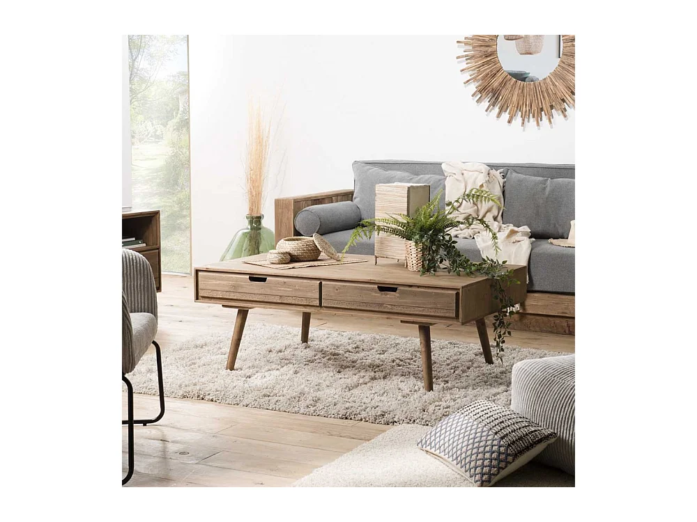 ANDY - Table basse marron scandi rectangulaire 4 tiroirs bois Sapin