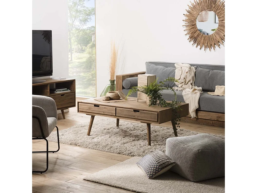 ANDY - Table basse marron scandi rectangulaire 4 tiroirs bois