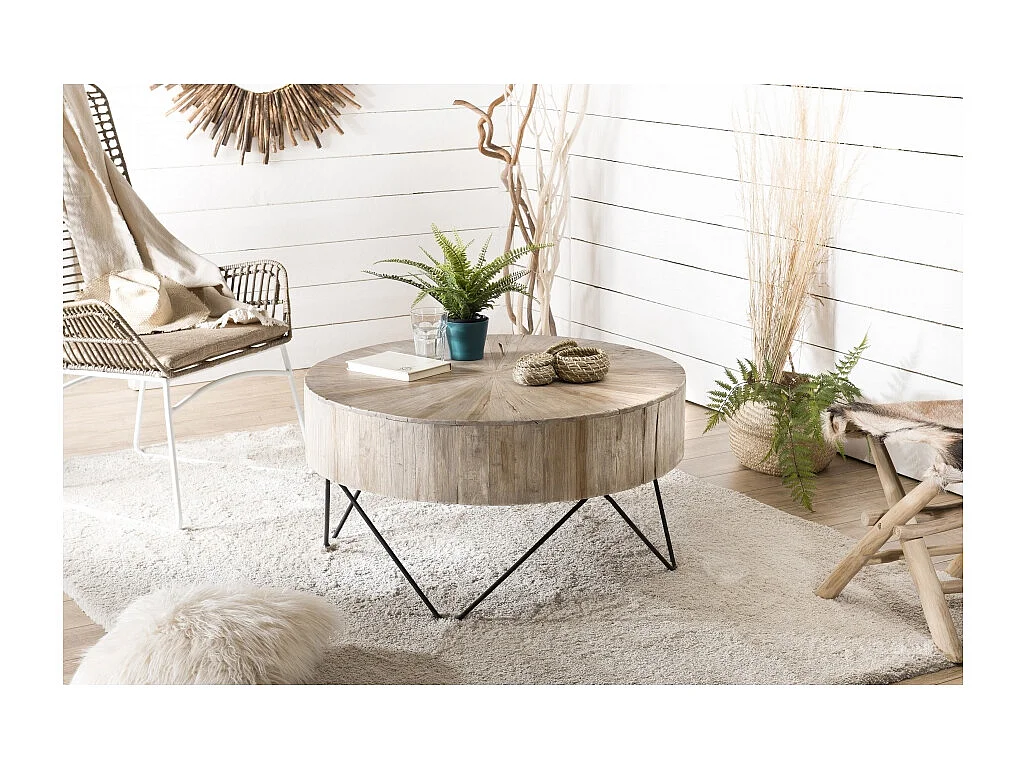 CLARA - Table basse ronde 90x90cm bois Teck naturel pieds métal noir