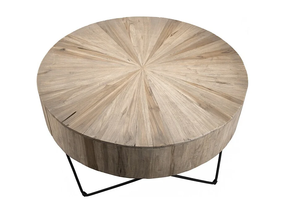 CLARA - Table basse ronde 90x90cm bois Teck naturel pieds métal noir