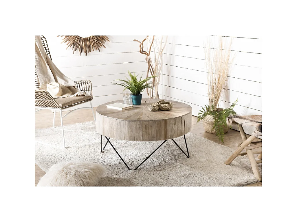 CLARA - Table basse ronde 90x90cm bois Teck naturel pieds métal noir
