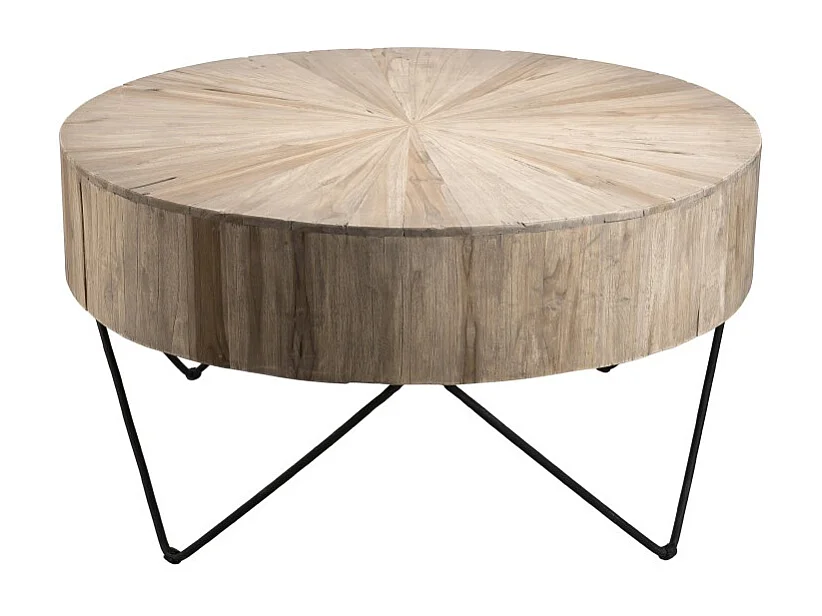 CLARA - Table basse ronde 90x90cm bois Teck naturel pieds métal noir