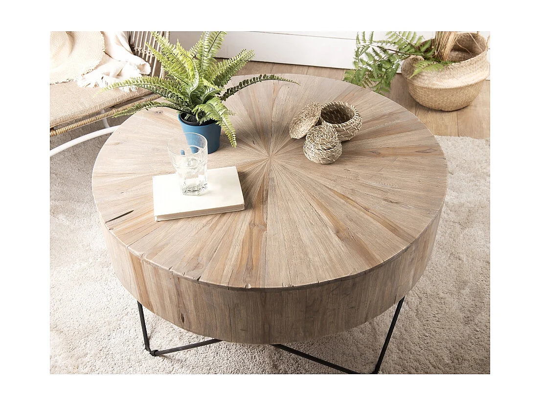 CLARA - Table basse ronde 90x90cm bois Teck naturel pieds métal noir