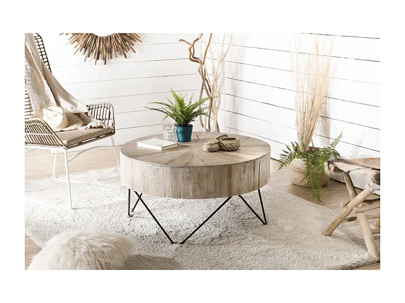 CLARA - Table basse ronde 90x90cm bois Teck naturel pieds métal noir