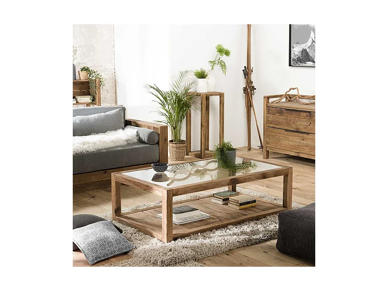 SANDY - Table basse marron 1 plateau verre 1 plateau bois Pin recyclé