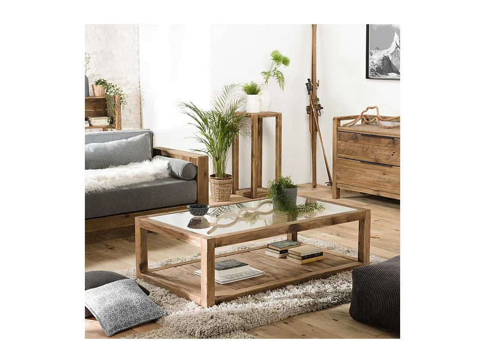 SANDY - Table basse marron 1 plateau verre 1 plateau bois Pin recyclé
