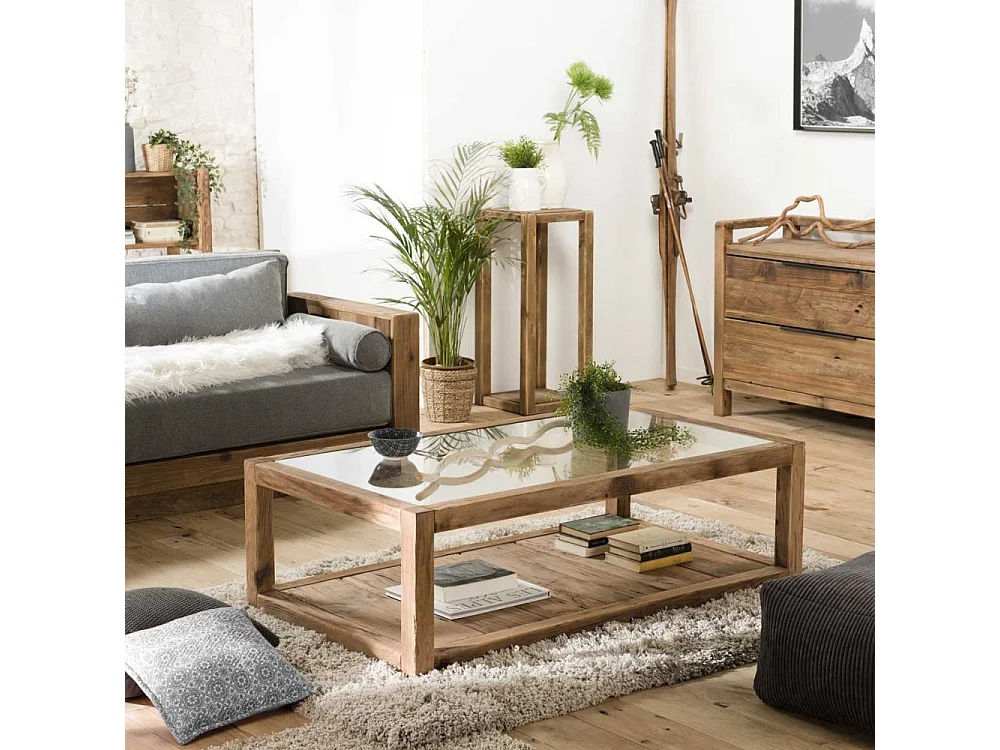 SANDY - Table basse marron 1 plateau verre 1 plateau bois Pin recyclé