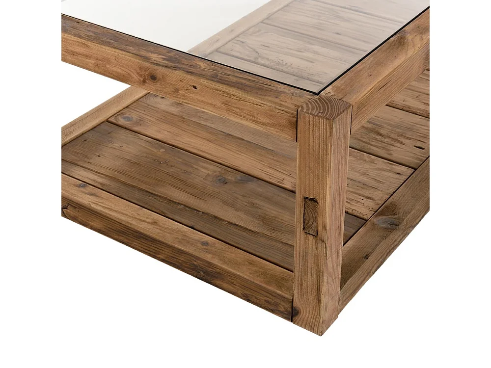 SANDY - Table basse marron 1 plateau verre 1 plateau bois Pin recyclé