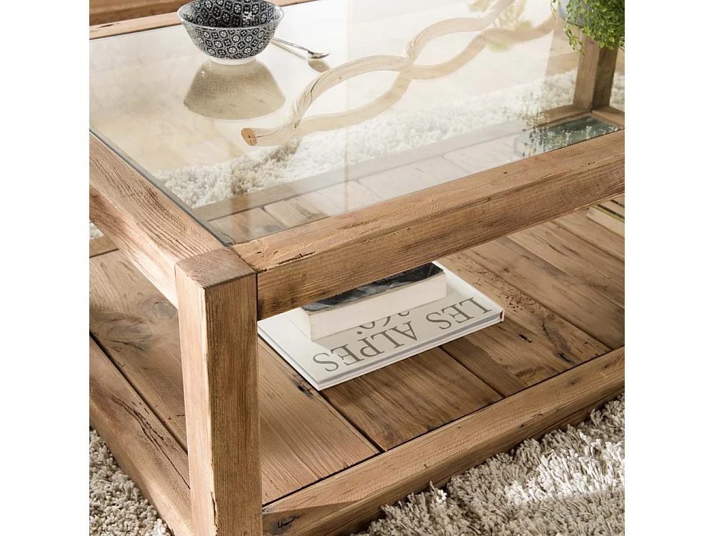 SANDY - Table basse marron 1 plateau verre 1 plateau bois Pin recyclé